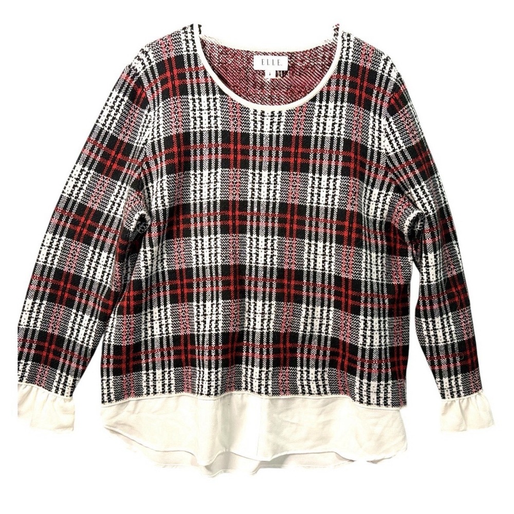 ELLE Women's Size XL Red Black White Plaid Sweater Faux Layer Shirttail